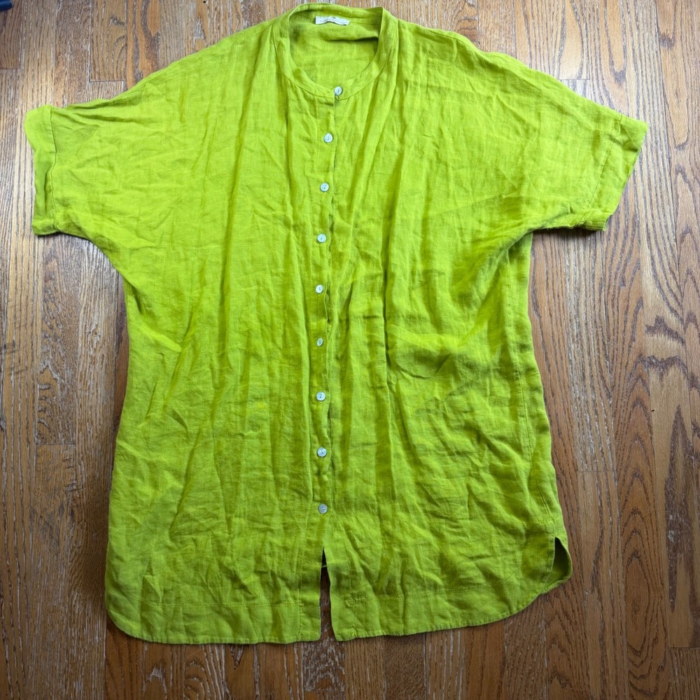 Lands Downunder Linen Button Down Shirt Lime Green Lagenlook XL Coastal